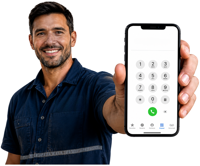Strathfield Blocked Drains plumber holding a phone — call 1300 261 965