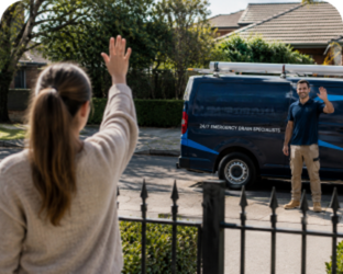 Customer waving goodbye to a Strathfield Blocked Drains plumber